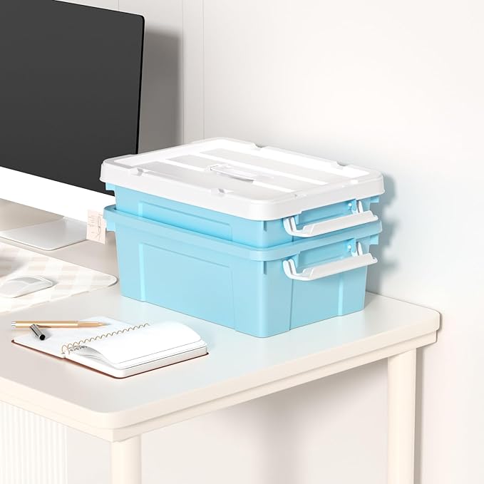 Cetomo Lidded Storage Bin with Handle, Tote Organizing Container with Durable Lid and Secure Latching Buckles, Stackable and Nestable, Plastic, 16 Quart-4 Pack, Blue