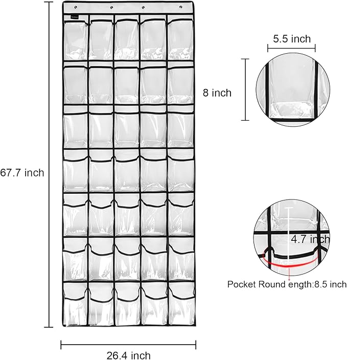 1 Pack 35 Clear Crystal Pockets Large Hanging Shoe Organizer Over The Door Shoe Rack for Closet Door Storage Shoe Holder Hanger, 4Hooks, white (67.7'' x 26.4'')