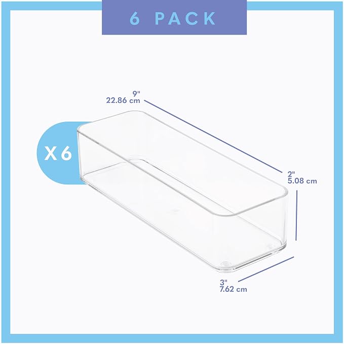 primebox Plastic Clear Drawer Organizers. Bathroom, Kitchen, Bedroom, Jewelry, Office Organizer Bins, Storage Trays. Heavy Duty, Stackable. 9" x 3" x 2" Set of 6