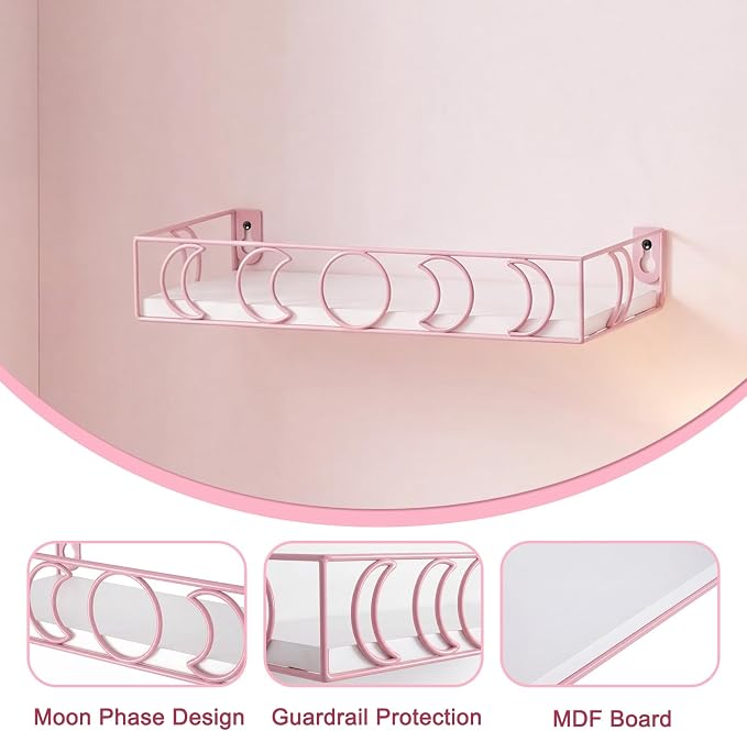 PHAREGE Moon Phase Floating Shelves White Pink, Set of 3 | Small Decorative Wall Shelves for Book Plant Storage, Crystal Figurine Collectibles Display Shelf for Bedroom Kid Room