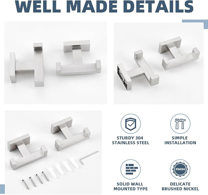 APLusee Double Bath Towel Hook 2 Pack, 304 Stainless Steel Square Dual Coat Holder, Modern Bathroom Kitchen Storage Hanger Wall Mounted, Brushed Nickel