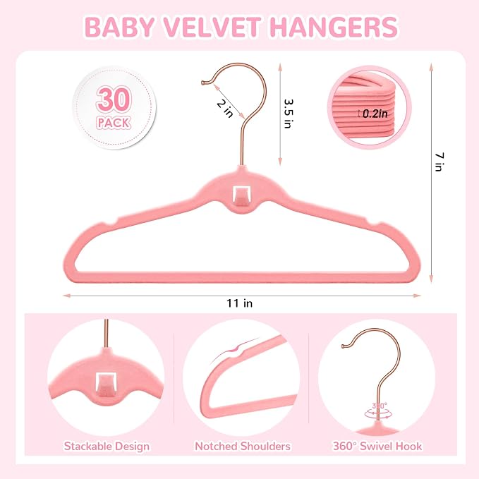 Baby Velvet Stackable Hangers 30 Pack, 11 Inches Pink Kids Clothes Hangers for Closet, Non Slip Toddler Infant Hanger for Nursery, Thin Space Saving Children Felt Hanger with 360° Swivel Hooks