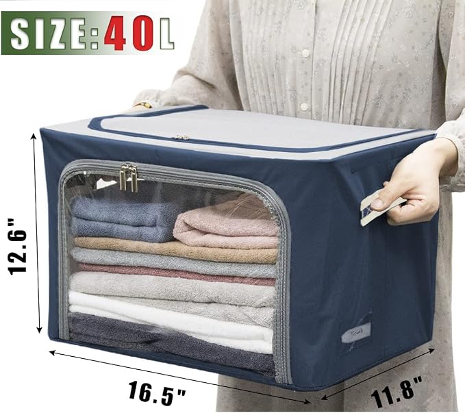 Clothes Storage Box Bins Stackable Foldable Organizer,Sturdy Handles with Metal Frame for Clothing Bedding Shelves,Closet Container with Clear Window Zipper and Label Holder (Navy, 40L x3 Pack)