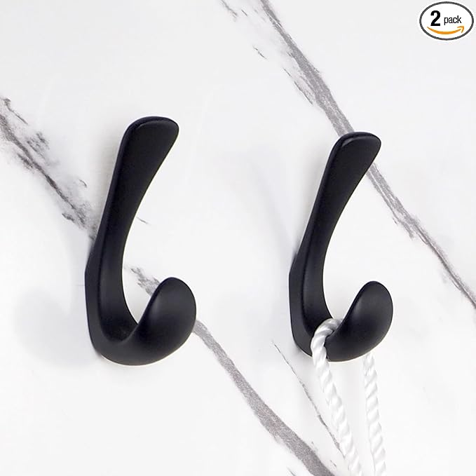 2 Pack Towel Hooks for Bathrooms Wall Mounted, Matte Black Bathroom Hooks for Towels, Robe & Towel Hook for Wall, Modern Black Bath Towel Hook