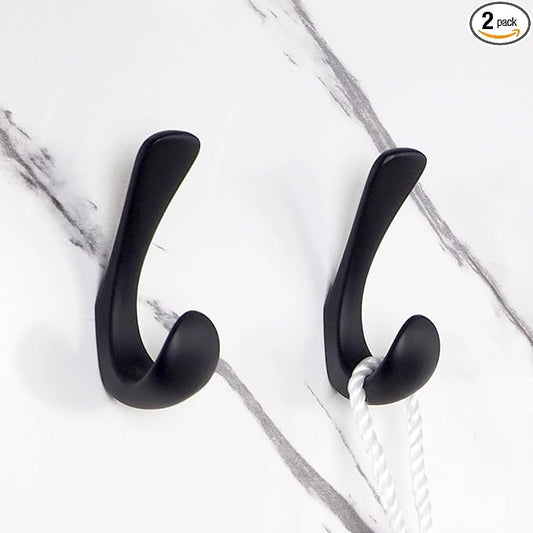 2 Pack Towel Hooks for Bathrooms Wall Mounted, Matte Black Bathroom Hooks for Towels, Robe & Towel Hook for Wall, Modern Black Bath Towel Hook