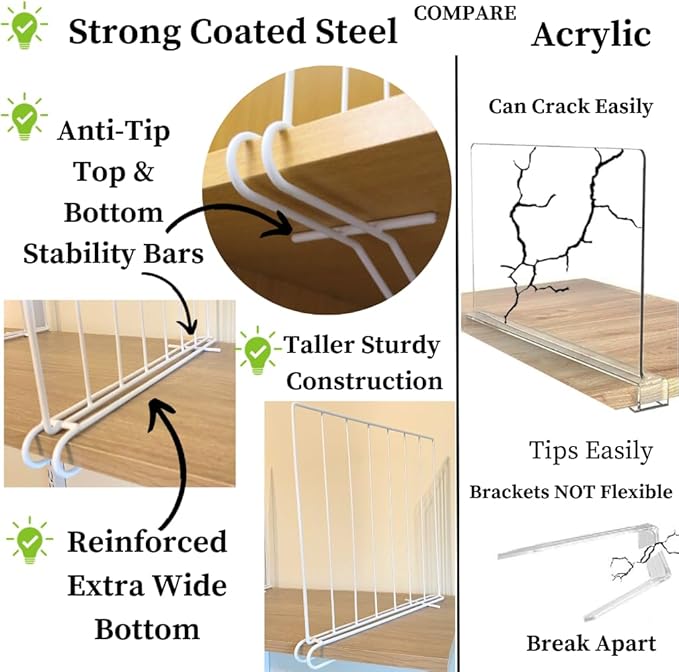 Evelots Shelf Dividers for Wood Shelf, 8 Pack Closet Organizers and Storage for Clothes, Purse, Pantry - No Crack Solid Steel Construction-12 Inch Tall Shelf Organizer -Stable Reinforced Wide Bottom