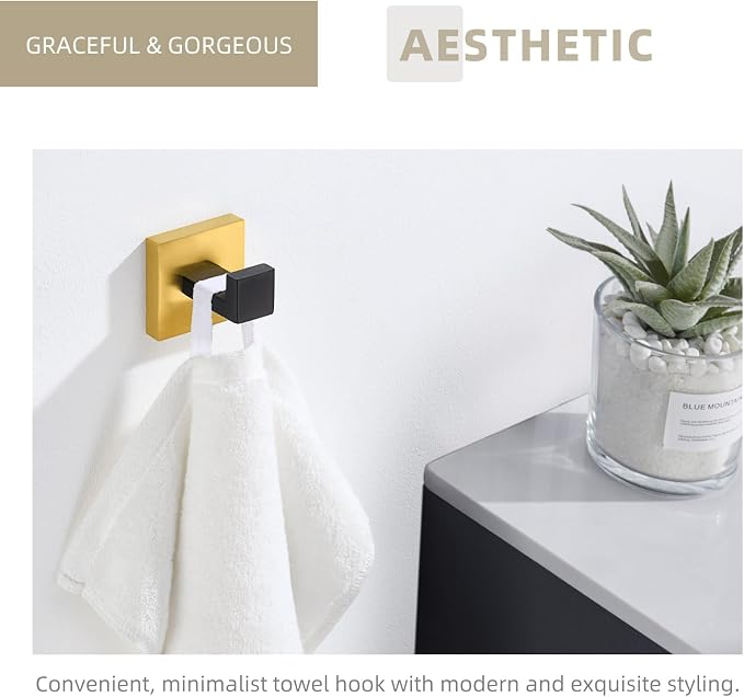 Angle Simple Towel Hook Black & Gold, 304 Stainless Steel Square Robe Bathroom Hook for Wall