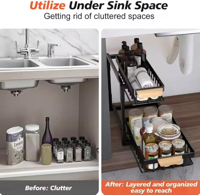 Adjustable Under Sink Organizer, 2-Tier Heavy Duty Metal Storage Rack for Kitchen & Bathroom