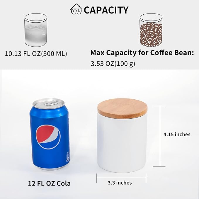 77L Food Storage Jar, 10.13 FL OZ (300 ML), Ceramic Food Storage Jar with Airtight Seal Bamboo Lid - Modern Design White Ceramic Food Storage Canister for Serving Tea, Coffee, Spice and More