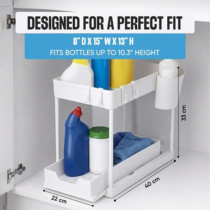 Undersink Organizer, 2-Tier Under Sink Storage Rack with Sliding Drawers for Kitchen Bathroom Cabinets, Pull Out Organizer for Pantry, Laundry Room & Closet Organization - 2 Pack, White