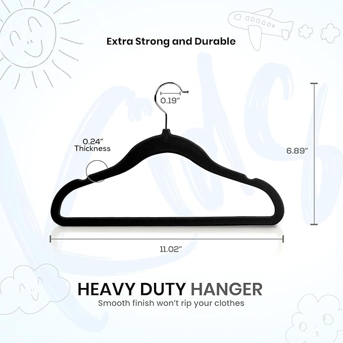 Utopia Home Kids Velvet Hanger 50 Pack – 11" Premium Baby Hangers - Black | Premium Non-Slip Baby Hangers for Baby and Toddlers, Durable Ultra-Slim Space-Saving Closet Organizers