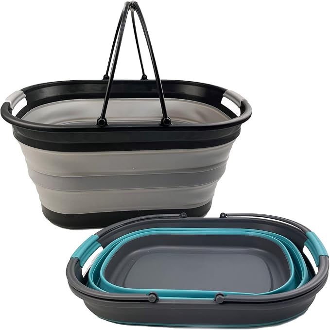 SAMMART 38L (10 Gallons) Collapsible Plastic Laundry Basket - Foldable Storage Container/Organizer - Portable Washing Tub - Space Saving Laundry Hamper (Alloy Grey + Crystal Blue (Set of 2))