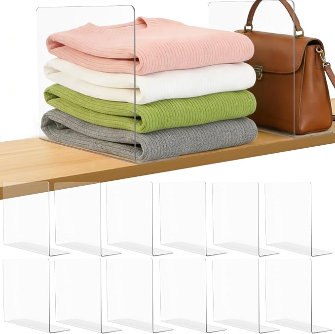 Clear Acrylic Shelf Dividers Closet Organizers for Organization Enthusiasts | 10" Tall Sturdy Closet Shelf Dividers for Clothes Purse Towel - Shelf Separators for Bedroom Kitchen Office Space Saver