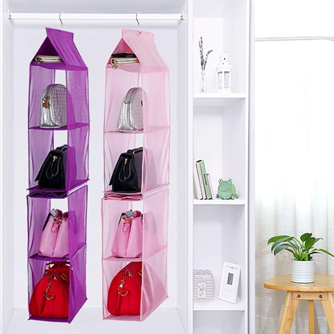 Detachable 4 Compartment Organizer Pouch Hanging Handbag Organizer Clear Purse Bag Collection Storage Holder Wardrobe Closet Space Saving Organizers System for Living Room Home Use (Pink)