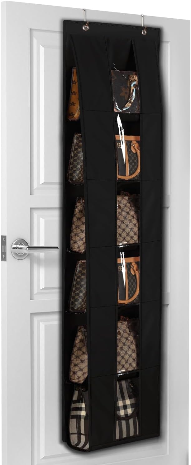 Lirex Over The Door Purse Organizer, Space-Saving Medium and Large Handbag Storage Organizer Clothing Closet Hanger, Black