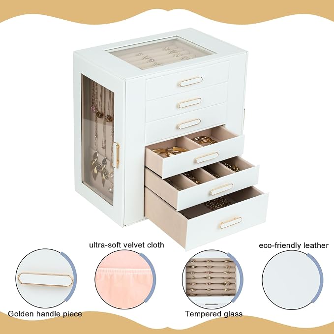 BOOVO Clear Lid Jewelry Box,6 Layers Jewelry Organizer Large Jewelry Storage Box with 6 Drawers,Jewelry Holder Organzier of Rings Earrings Necklace Bracelets for Women (White, 6 Layer)