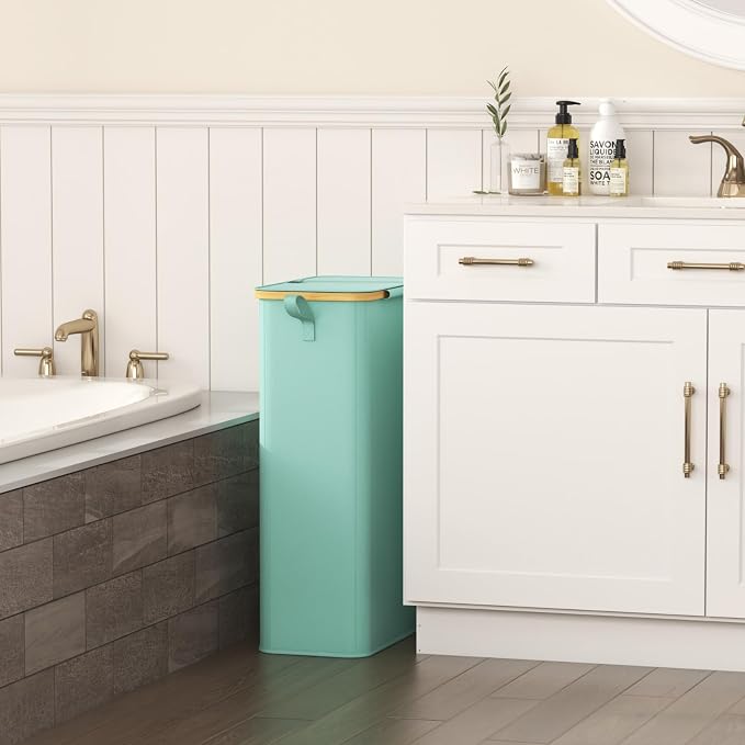 Lifewit 75L Slim Laundry Hamper with Lid, Narrow Laundry Basket with Removable Bag & Bamboo Handles, Fodable Thin Dirty Clothes Hamper for Laundry Collapsible Bin for Bathroom Bedroom Dorm, Sage Green