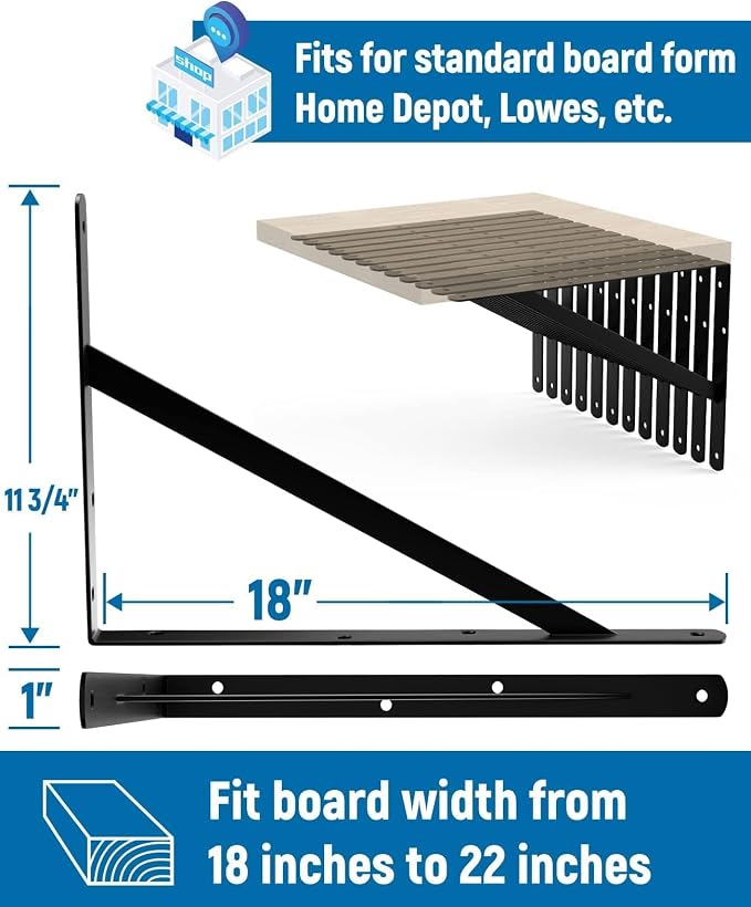 4-Pack 18 Inch Heavy Duty Shelf Brackets, Large Floating Wall Bracket for Garage Storage Shelves, Black Powder-Coated Finish, Load Capacity 800lbs