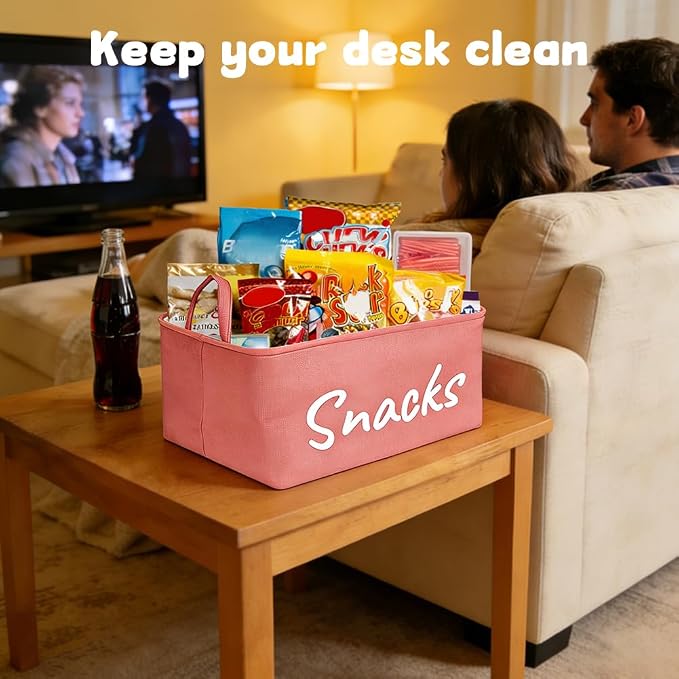 Snack Organizer Basket for Home Office: Snack Bin for Pantry (Pink)