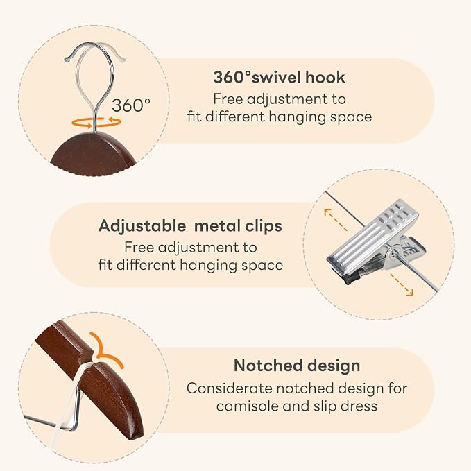 HOUSE DAY Wooden Hangers with Clips 24 Pack, Heavy Duty Walnut Wood Pants Hanger, Premium Skirt Hanger with Adjustable Clips, Solid Clip Hangers for Suit, Blouse, Dress, Coat, Jacket, Bottom