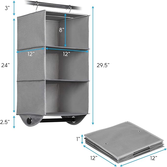 HOLDN’ STORAGE Hanging Closet Organizer with Garment Rod, 3-Shelf | Heavy Duty Hanging Shelves for Clothes, Sweaters & Shoes, 600D Fabric Storage Unit with Built-in Clothing Rod, Grey