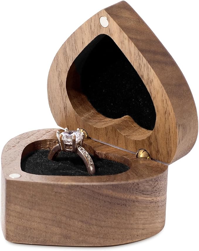 Engagement Proposal Ring Box Secret Slim Engraved Wooden Heart Case | Engrave"A Promise is Forever", Walnut Wood Ring Bearer Box Jewelry Storage Holder Display for Wedding Ceremony Commemoration