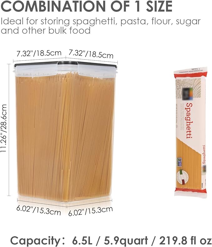 Vtopmart Extra Large Tall Airtight Food Storage Containers, 4 Pieces 5.9qt/6.5L Plastic PBA Free Kitchen Pantry Canister for Spaghetti, Flour and Baking Supplies, with 24 Labels, Black