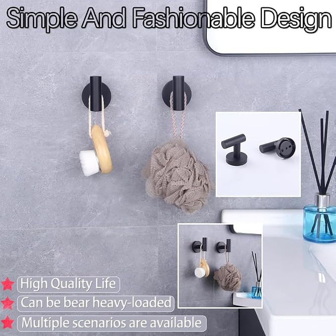 GERZWY Bathroom Matte Black Coat Hook SUS 304 Stainless Steel Single Towel/Robe Clothes Hook for Bath Kitchen Contemporary Hotel Style Wall Mounted 2 Pack AG1107B-BK