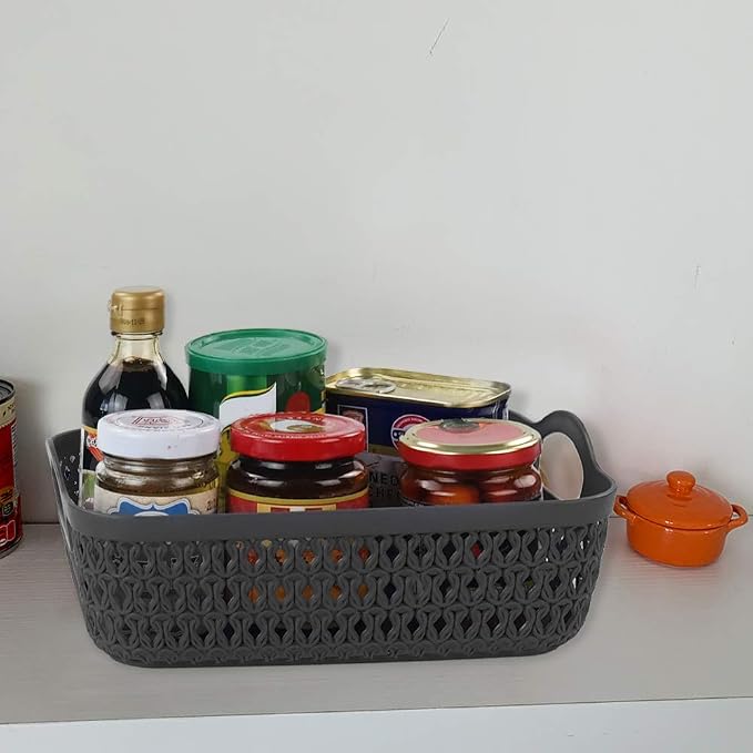 6-Pack Gray Small Plastic Storage Baskets Tray with Handle, Plastic Organizing Baskets