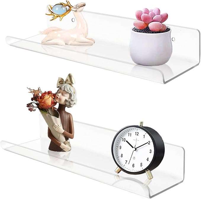 ROYALITA 2-Pack Small Acrylic Shelves Wall Mounted, 12 in Display Shelves | for Small Items, Plants, Room Decor Floating Wall Shelves for Gaming Room, Bedroom, Living Room, Office, Clear