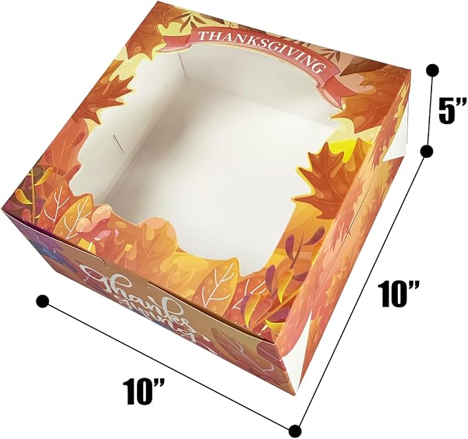 qiqee Thanksgiving 4pcs 10x10x5 inches Cake Boxes with Window 4Packs, 10 Inch Bakery Boxes Orange Maple Leaf Thanksgiving (4 cake boxes +4 Cake Boards Included)