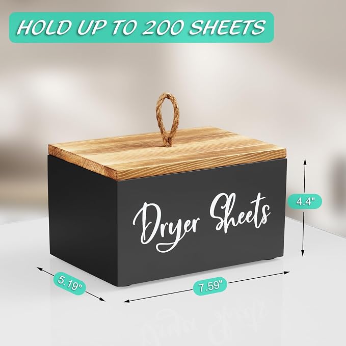 Bivvclaz Dryer Sheet Holder, Wooden Laundry Sheets Container, Laundry Room Organization and Storage for Farmhouse Laundry Room Decor and Accessories, Fabric Sheet Holder, Black