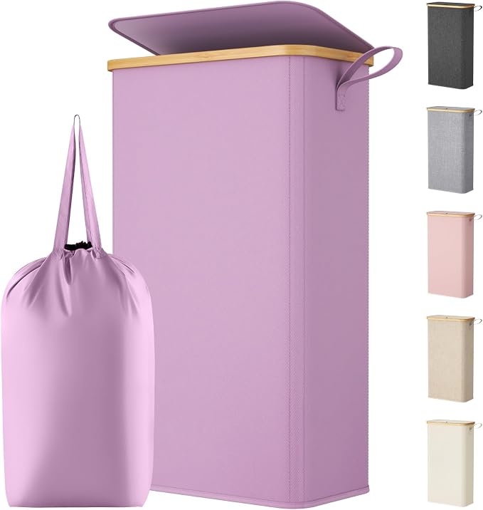Lifewit 65L Slim Laundry Hamper with Lid, Narrow Laundry Basket with Removable Bag & Bamboo Handles, Fodable Thin Dirty Clothes Hamper for Laundry Collapsible Bin for Bathroom Bedroom Dorm, Purple