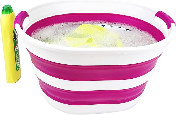 SAMMART 23L (6 Gallons) Collapsible Plastic Laundry Basket - Oval Tub/Basket - Foldable Storage Container/Organizer - Portable Washing Tub - Space Saving Laundry Hamper (White/Purple)