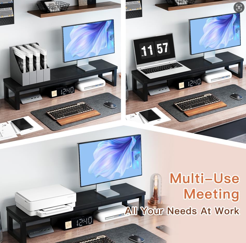 Dual Monitor Stand Riser, Wood and Steel Monitor Stand for Desk, Multi-Purpose Desk Shelf Organizer for Computer, Laptop