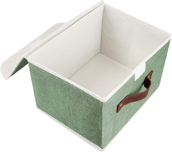 2Pack Storage Bins Boxes with Lids 10" x 8" x 7" Decorative Storage Baskets | Cotton Linen Fabric, Collapsible, Faux Leather Handles, Storage Cubes, Closet Shelf Clothes Organizer Container, Green