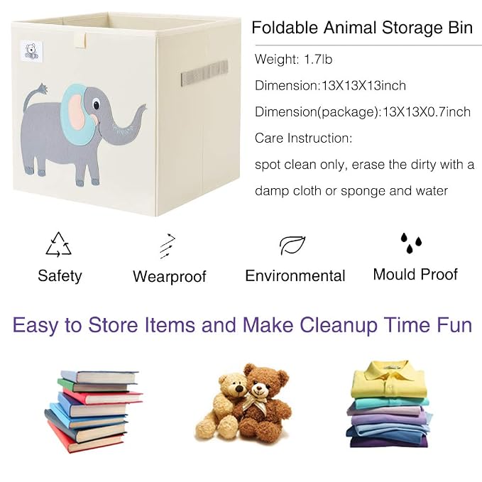 Foldable Animal Cube Storage Bins Fabric Toy Box/Chest/Organizer for Toddler/Kids Nursery, Playroom, 13 inch (Cute Elephant)