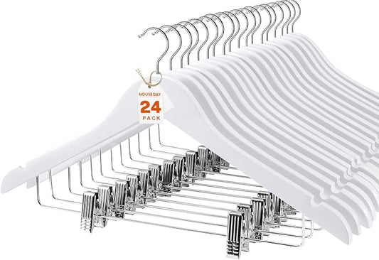 HOUSE DAY Wooden Hangers with Clips 24 Pack, Heavy Duty White Wood Pants Hanger, Premium Skirt Hanger with Adjustable Clips, Solid Clip Hangers for Suit, Blouse, Dress, Coat, Jacket, Bottom