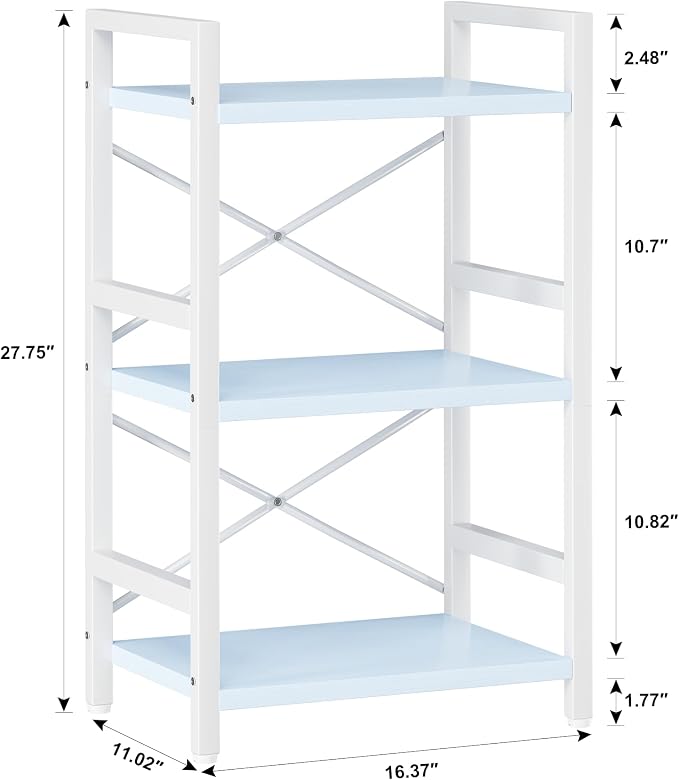 Homeiju Bookshelf, 3 Tier Industrial Bookcase, Metal Small Bookcase, Rustic Etagere Book Shelf Storage Organizer for Living Room, Bedroom, and Home Office(Blue) Patent Pending D29873033
