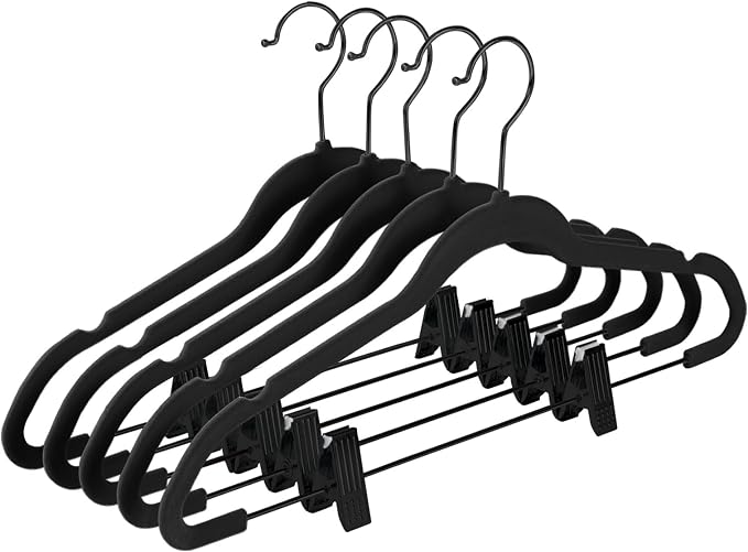 MIZGI Premium All Black Velvet Pants Hangers with Adjustable Clips (Pack of 20) Slim Skirt Hangers- Non Slip Felt Outfit Dress Hangers- Black Hooks,Space Saving Shirt Clothes Hangers
