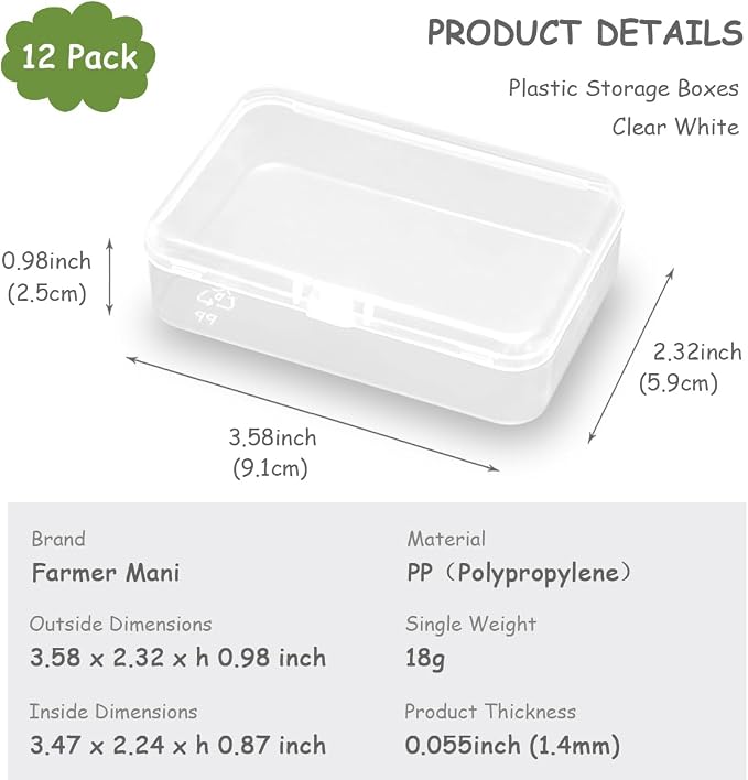 12 Pack Rectangle Clear Craft Supply Case (3.58 x 2.32 x 0.98 Inch), Small Plastic Containers for Small items, Crafts, Beads, Coins, Jewelry and Business Cards