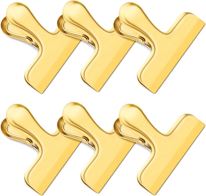 ANZNKU 6 Pack Gold Chip Clips Bag Clips for Food Snack Kitchen Storage | Heavy Duty, Stainless Steel, Air Tight Seal, Durable Metal Clamps for Refrigerator Home Office, Use for Bread Coffee Paper