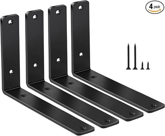 4 Pack - L 8" x H 6" x W1.5, 5mm Thick Black L Shelf Bracket, Iron Shelf Brackets, Metal Shelf Brackets, Floating Shelf, Shelf Supports with Screws