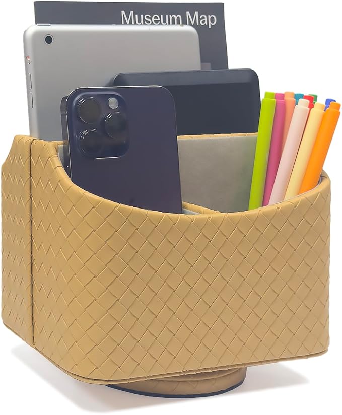 UnionBasic Rotating Desk Organizer, 360 Desk Spinning Caddy, Desktop TV Guide/Mail/Media/Remote Controller Holder Organizer, Woven Apricot