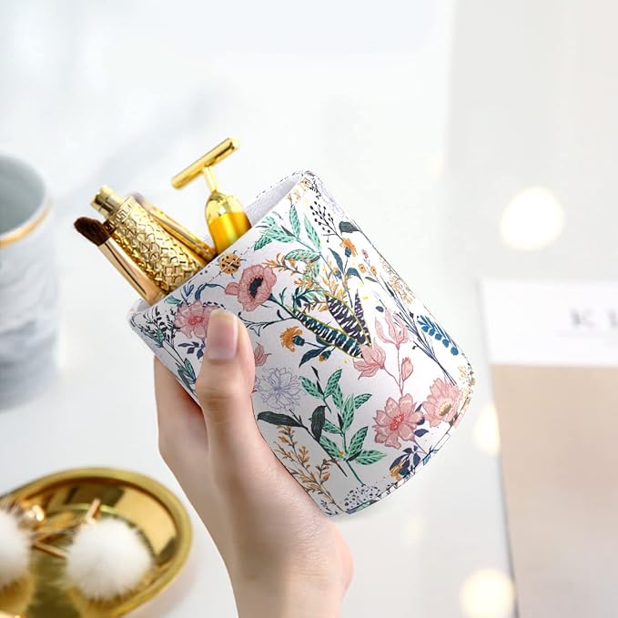 Large Capacity Floral Pen Holder for Desk, Leather Pencil Holder Pen Cup Marker Holder Makeup Brush Holder, Desk Accessories & Workspace Organizers for Home, Office, White Flower