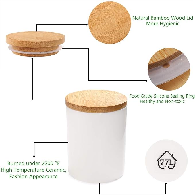 77L Food Storage Jar, 10.13 FL OZ (300 ML), Ceramic Food Storage Jar with Airtight Seal Bamboo Lid - Modern Design White Ceramic Food Storage Canister for Serving Tea, Coffee, Spice and More