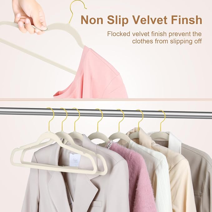 TIMMY 36-Pack Velvet Hangers with Gold Hooks - Space-Saving Non-Slip Heavy-Duty Clothes Hangers for Coats, Suits, Dresses, and Sweaters - Slim Design(Ivory+Gold)