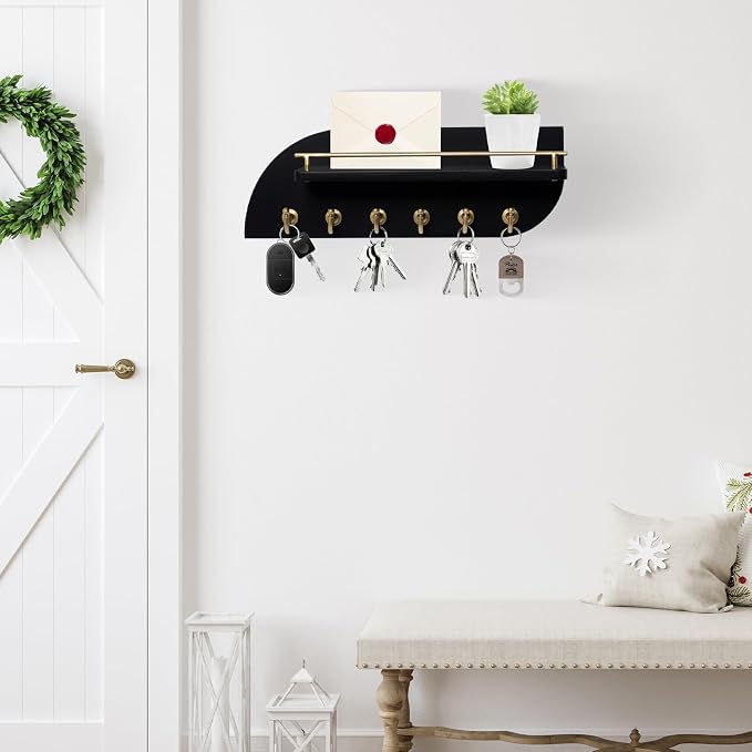 Key Holder for Wall, Wood Wall Mounted Key Rack with 6 Sturdy Metal Hooks for Bags, Coats, Umbrella, 14 Inches Mail Organizer for Home Entryway Decor, Black and Gold
