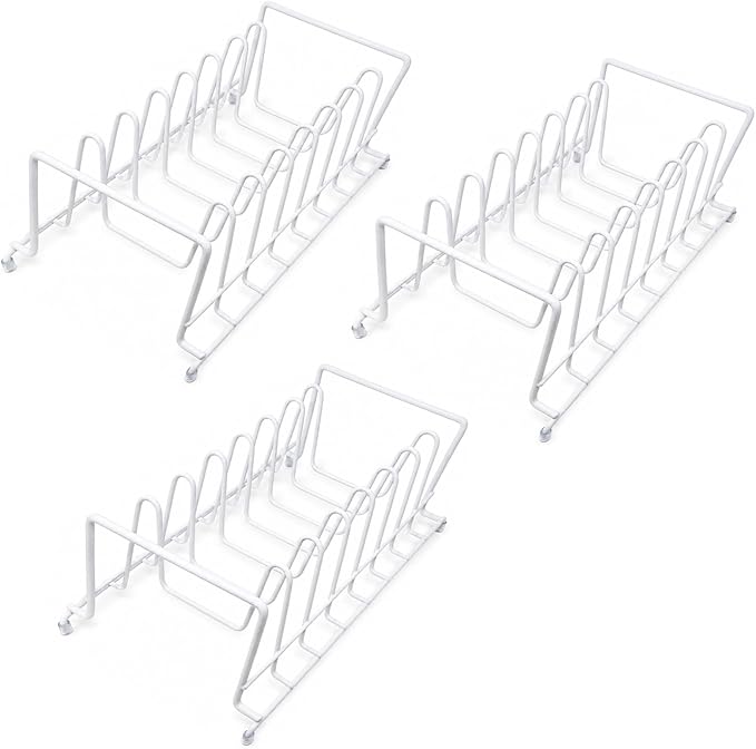 Huji Plate Organizer Rack for Cabinet, 8-Slot White Metal Kitchen Organizer for Plates, Cutting Boards, Trays, Baking Sheets and Select Flat Lids, Countertop Pantry Storage Rack, 3 Pack