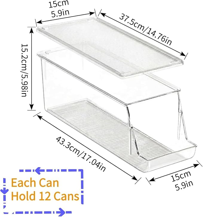 Adjustable Soda Can Dispenser for Refrigerator –Expandable Width PET Drink Organizer, Stackable Space-Saving Fridge Organizer for Cans & Bottles – 2 Pack
